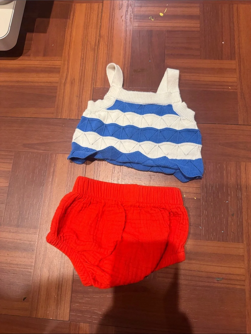 Kids Two-Piece Tank Top and Bloomers Set - White & Blue Tank, Red Bloomers